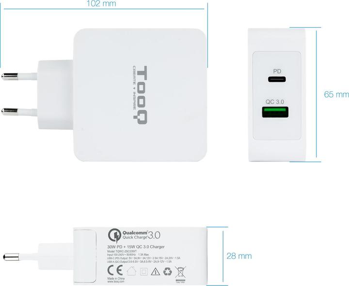 Immagine prodotto Tooq Technology TQWC-2SC03WT Caricatore per dispositivi mobili bianco per interni (48 W)