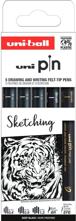 Image du produit Uni-ball Fineliner PIN ""Sketching"" PF, jeu de 5 encres pigmentées résistantes à l'eau, monture métallique. (Noir, 5 x)