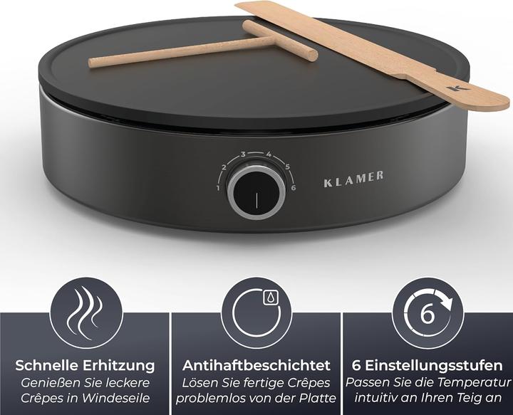 Produktbild KLAMER Crepes Maker, Grosse Backfläche mit 33cm Ø antihaftbeschichtete Platte, 1500W