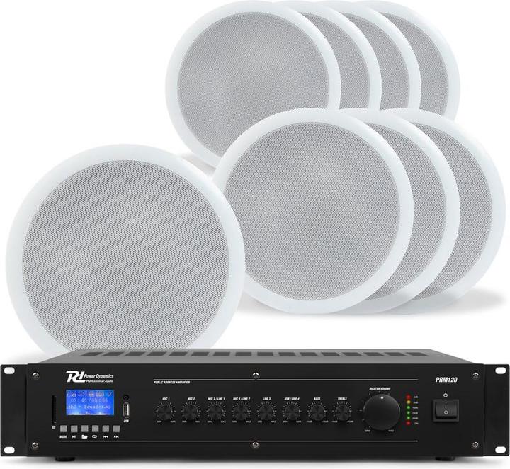 Actual product image Power Dynamics 100V ceiling speaker set - 8 white speakers and amplifier - with Bluetooth - 120W (Active)