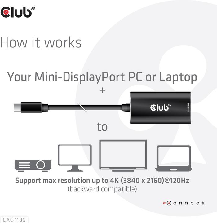 Immagine prodotto Club 3D Adattatore Club3D MiniDisplayPort > HDMI 2.1 HDR 120Hz attivo (Mini DP, 0.60 cm)