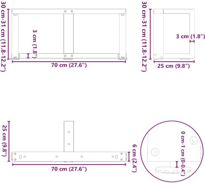 Actual product image VidaXL Coffee table legs T-shape 2 pcs. White 70x25x(30-31) cm Steel table leg
