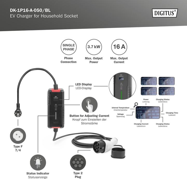 Produktbild Digitus EV Ladegerät (Typ 2, 3.70 kW, 16 A, Typ F)