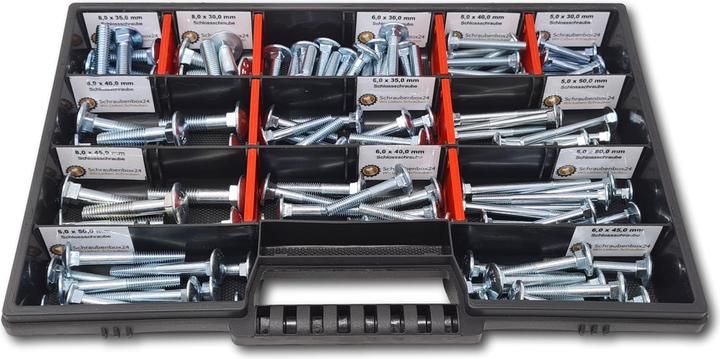 Produktbild Schraubenbox24 Flachkopfschrauben Sortiment M5-M6-M8 // 30mm-60mm 115 tlg. Schraubenbox DIN 603 (115 Schrauben pro Stück)