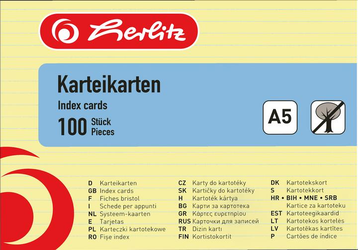 Actual product image Herlitz Index cards, DIN A5, lined, yellow made of paper, 170 gsm, woodfree, line color: blue, double (A5, 170 g/m², 100 x)