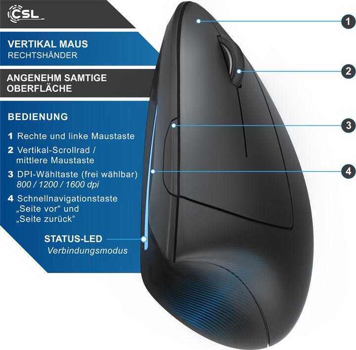 Produktbild CSL wireless Vertikal Maus Bluetooth - kabellose Vertikalmaus - ergonomisches Design - für PC Notebook (Kabellos)