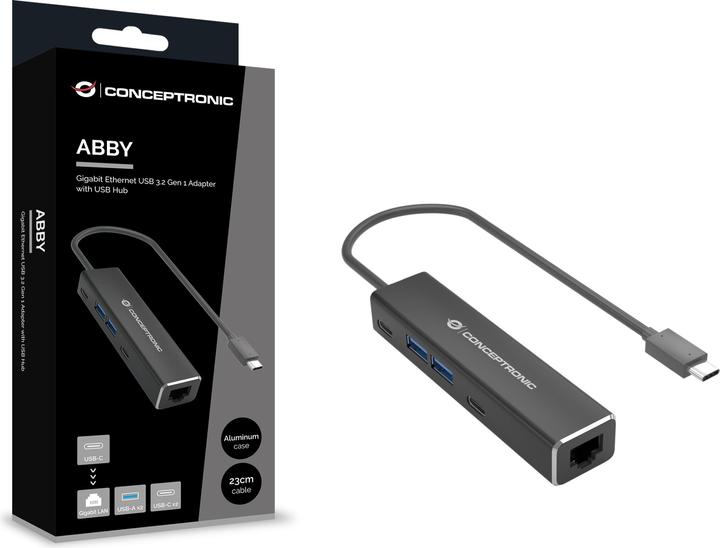 Actual product image Conceptronic Adapter USB-C -> RJ45 Gigabit,3xUSB3.0 0.15m bw (USB-C, 1 Ports)