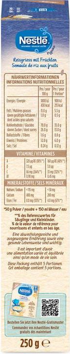 Nutritional values and ingredients Nestlé Semoule de riz Pyjama avec fruits 6 mois (250 g)