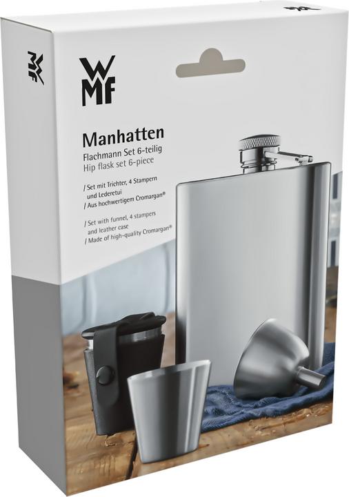 Produktbild WMF Flachmann Set 6tlg mit Schnapsgläser Trichter Manhattan Edelstahl mattiert (200 ml)