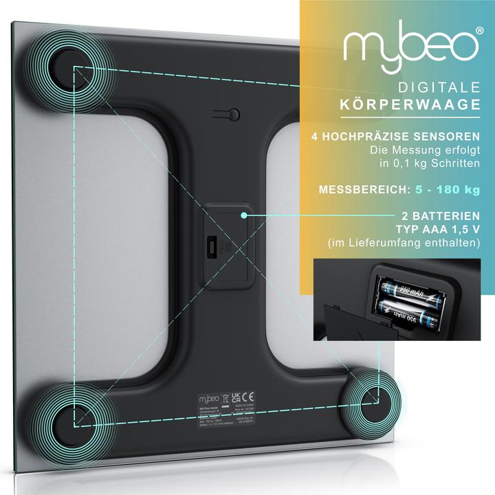 Produktbild Mybeo Digitale Waage für Personen, grosse Trittfläche aus 6mm Sicherheitsglas, Personenwaage, Digitalwaage (180 kg)