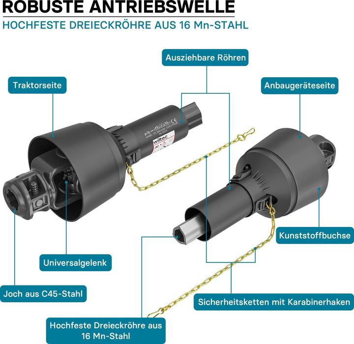 Image du produit Wiltec Arbre de transmission T1 Cardan 500-650mm 210Nm 540tr/min Prise Force 18kW (25CV) 2x 1 3/8" 6 D (Accessoires pour tracteurs)