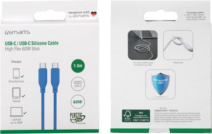 Produktbild 4smarts USB-C / USB-C Silikon-Kabel High Flex 60W 1,5m blau (1.50 m, USB 2.0)