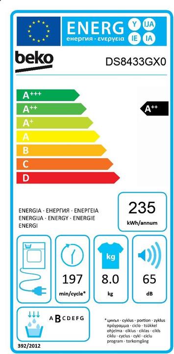 Energy Label Beko Condenser dryer with heat pump DS8433GX0 (8 kg, Right)