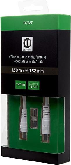 D2 Diffusion C ble Coaxial m le/femelle 9.52 mm +adaptateur m le/m le 1.50 m,Blanc (Antenna cable)