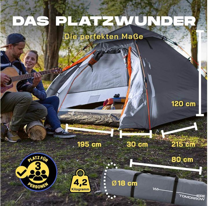 Produktbild Where Tomorrow Kuppelzelt 3 Personen - Grau, Anzahl Personen: 3 (Kuppelzelt, 3.80 kg, 3 Personen)