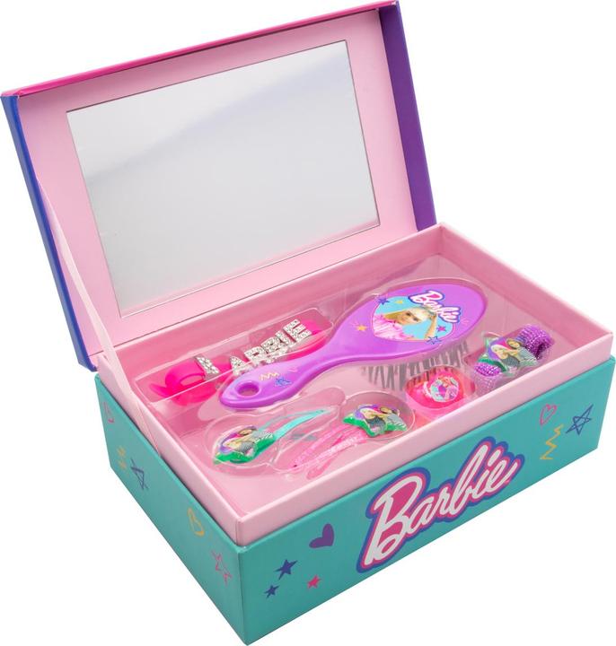 Barbie Boîte à bijoux avec 6 accessoires : brosse, 2 barrettes, bague, bracelet, ruban pour les cheveux