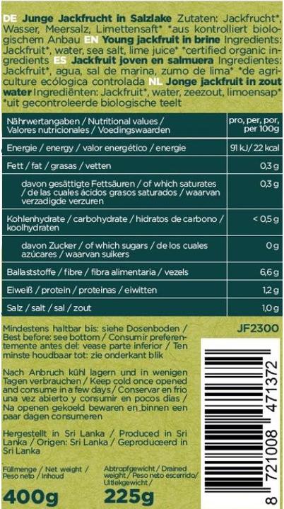 Nährwerte und Zutaten Jacky F. Junge Jackfrucht in Salzlake Bio (400 g)