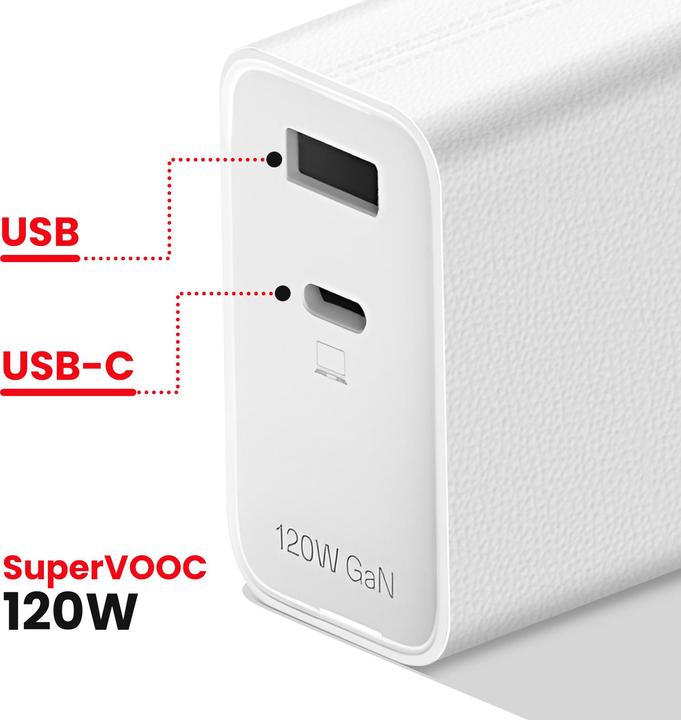 Immagine prodotto OnePlus Adattatore SuperVooc a due porte da 120W + cavo (Tipo-C + Tipo-A) - Bianco (120 W)