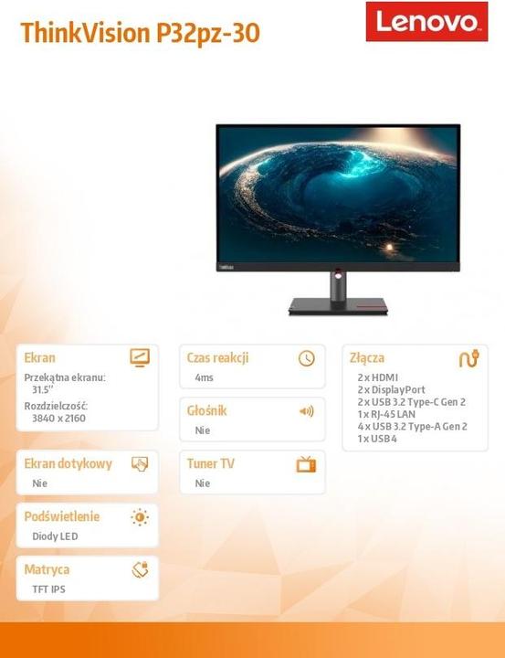 Image du produit Lenovo ThinkVision P32pz-30 (3840 x 2160 pixels, 31.50")