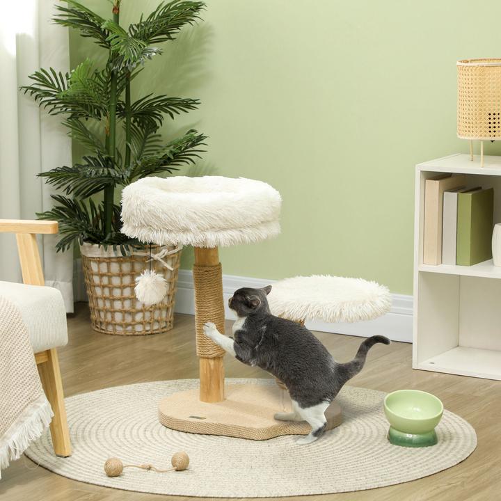 Produktbild PawHut Kratzbaum Birnbaumholz, Polyester Weiss (61.50 cm, Weiss+Naturholz)
