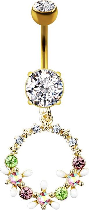 Star Piercing Banane 14k vergoldet mit Anhänger Kreis mit Kristallen und Blumen (Chirurgenstahl 316L, Messing)
