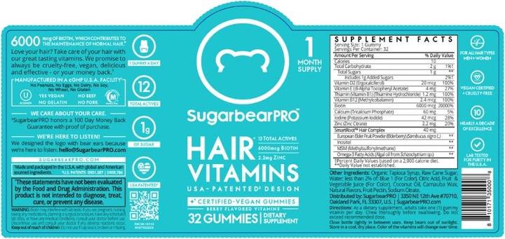 Nutritional values and ingredients Sugarbearhair Hair Vitamins Gummies 6 months (6 Piece, Gummies, 900 g)