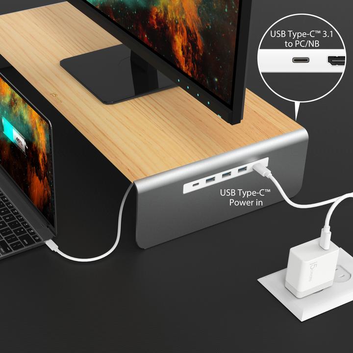 Actual product image j5Create Wood Monitor Stand With Docking (USB-C, 8 Ports)