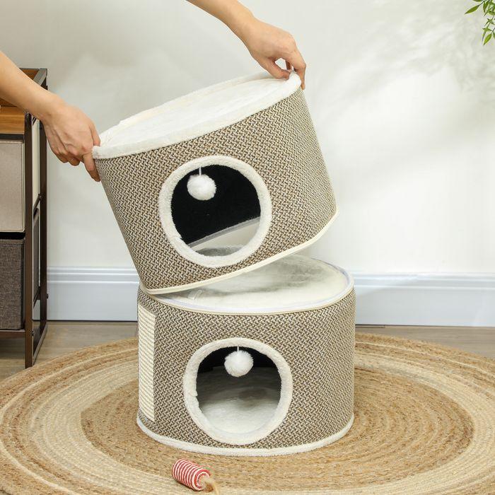 Produktbild Swisshandel24 Kratztonne 56 cm Hoch Katzentonne mit Höhle, aus Sisal, für Katze bis 5 kg (56 cm, Kaffee, Cremeweiss)