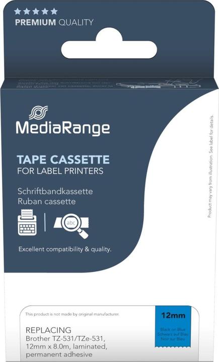 Produktbild MediaRange Schriftbandkassette 12mm schw/blau Brother TZ-531/TZe-531 8m (1.20 cm, Blau)