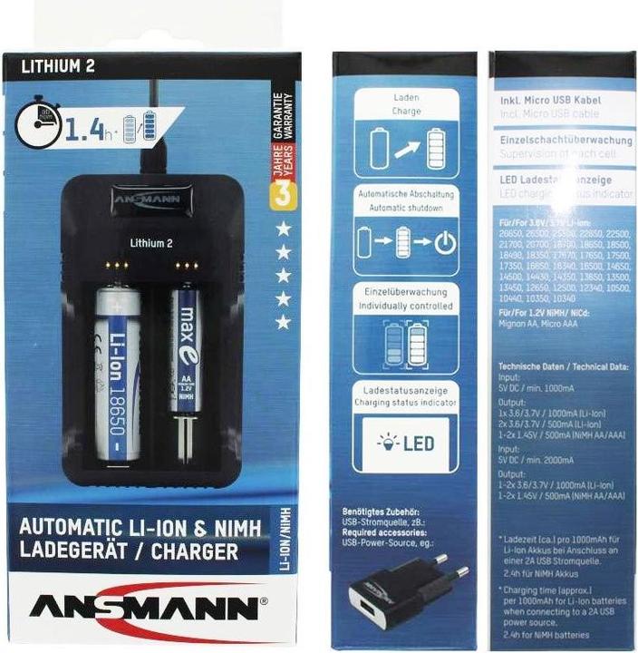Actual product image Ansmann Charger Lithium 2 for 1-2 Li-Ion battery 3.6V, 3.7V with LED charge status indicators, black (1 pcs., Chargers without battery)