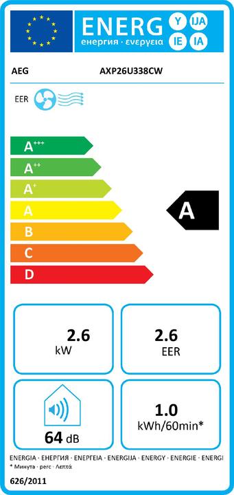 Etichetta energetica AEG AXP 26U338 CW CHILLFLEX (40 m², 9000 BTU/h)