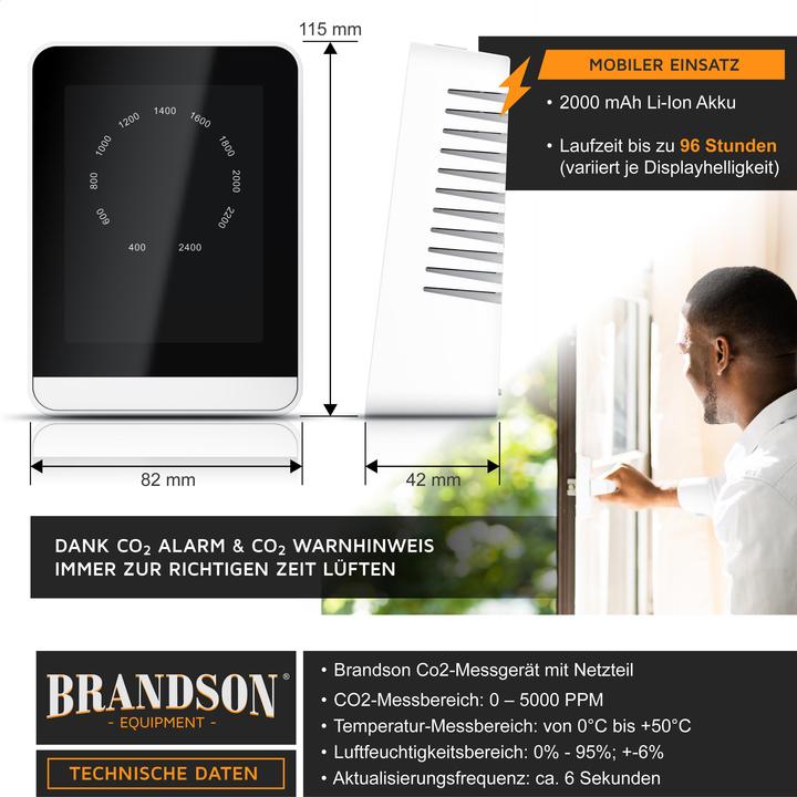 Image du produit Brandson CO2 Messgerät, Luftqualität Melder, Kohlendioxidmessung, Luftqualität Sensor, Raumluft-Qualität