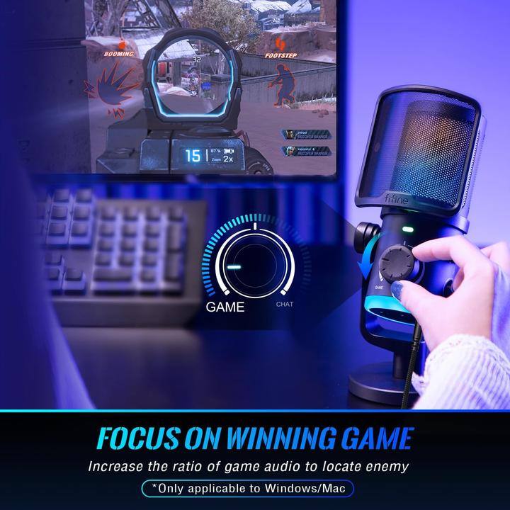 Actual product image Fifine AM6 Gaming condenser microphone with chat and gaming volume, RGB light ring, noise cancelling