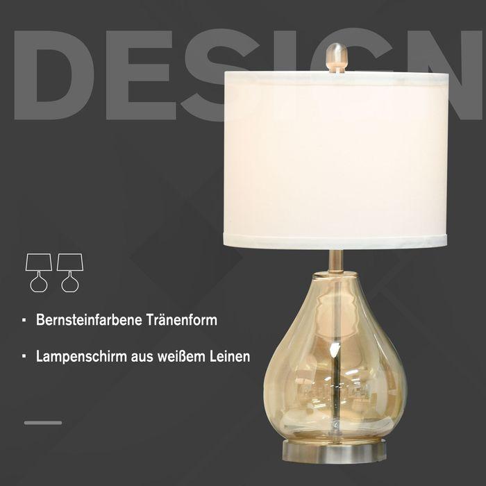 Produktbild Swisshandel24 2-Set Tischlampen Tischleuchten E27-Fassung Nachttischlampe 40 W Glas Leinen Stahl Bernstein Ø30 x 5 (E27)