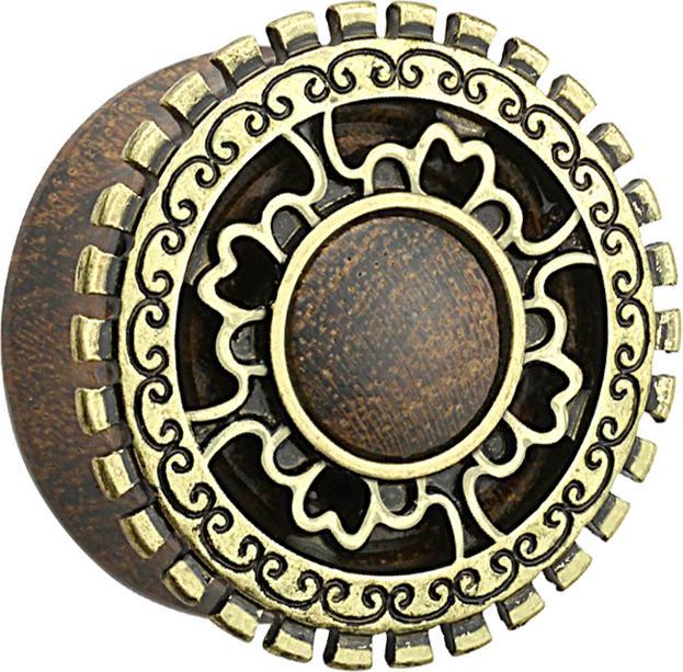 Star Piercing Flared Plug aus Sonoholz mit Tribal Schild Zahnrad (Organisch, Messing)