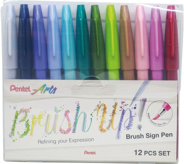 Actual product image Pentel Brush Sign Pen 12s (Blue, Violet, Green, Pink, Red, 12 x)