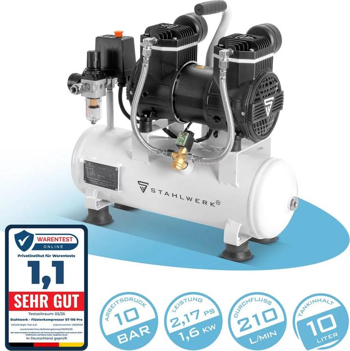 Actual product image Stahlwerk Compressor 10 bar 2.1 hp 1.6 kW 210 l/min 10 l air compressor (10 bar, 10 l)