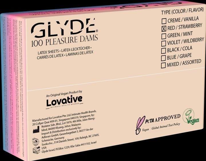 Produktbild Glyde Dams «STRAWBERRY» – 100 pinke vegane Lecktücher mit Erdbeerduft, zertifiziert vegan. (100 Stk.)