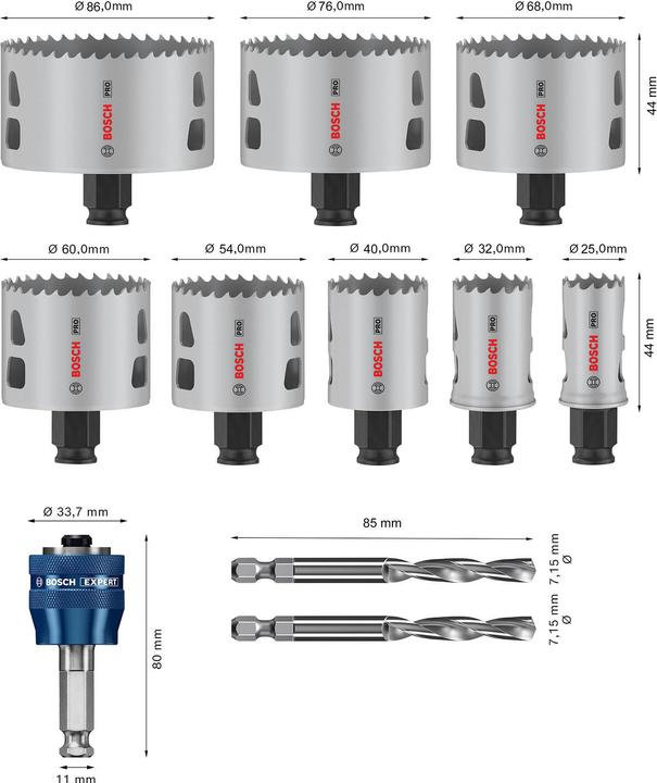 Produktbild Bosch Professional Zubehör PRO Multi Material PC Plus Lochsägen-Set, 11-tlg. (25, 32, 54, 60, 68, 76, 86 mm, 40 Millimeter)
