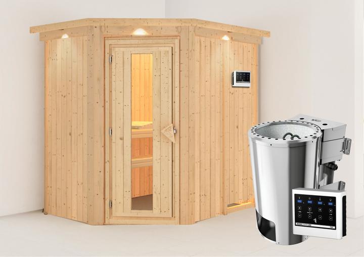 Produktbild Karibu Sauna Caspin Eckeinstieg, Kranz (Plug & Play 3,6 KW - Bio externe Steuerung)