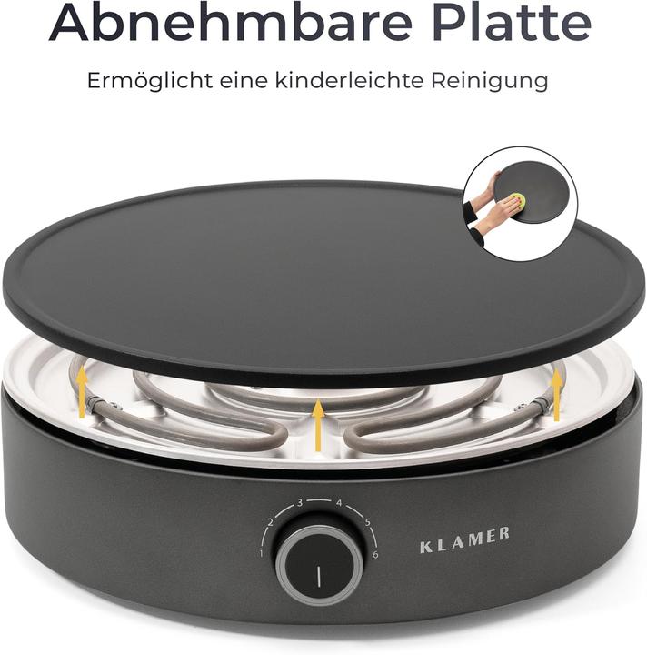 Produktbild KLAMER Crepes Maker, Grosse Backfläche mit 33cm Ø antihaftbeschichtete Platte, 1500W