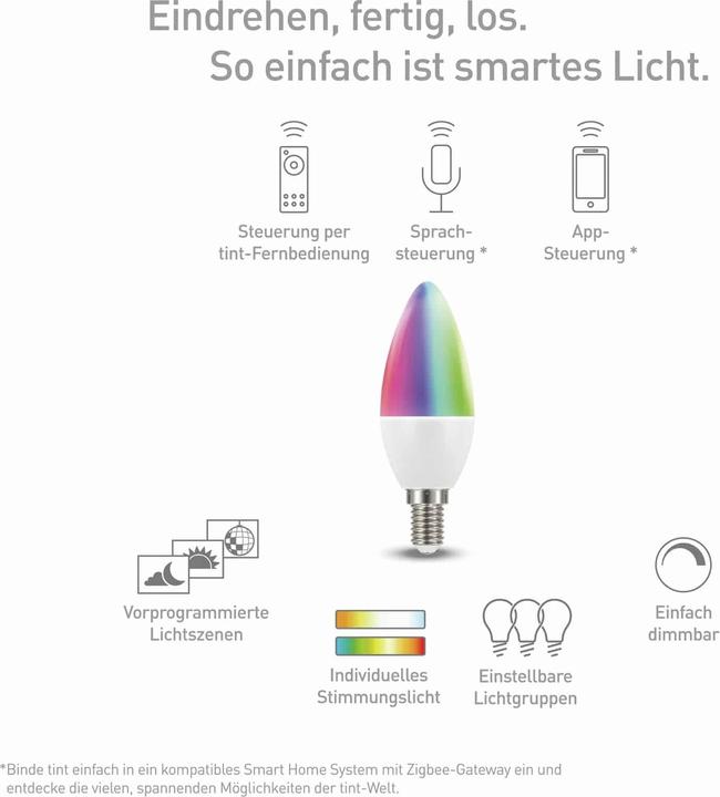 Label énergétique Müller Licht tint LED lampe bougie dimmable E14/6W(40W) 470 lm 1800- 6500 K blanc chaud- blanc lumière du jour + (E14, 4.90 W, 470 lm, 1 x, F)