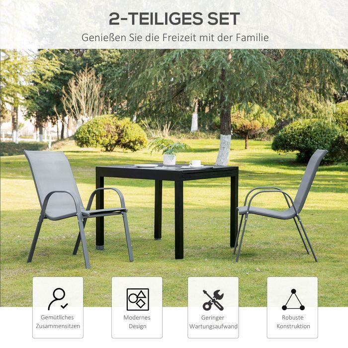 Produktbild Swisshandel24 2er Set Gartenstuhl Stapelstuhl mit Armlehne Metall Mesh-Gewebe grau 70x54x90cm