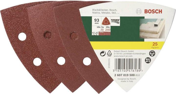Produktbild Bosch Zubehör Schleifblatt-Set für Deltaschleifer, 93 mm, 60 - 240, 6 Löcher, 25er-Pack (60, 120, 240)
