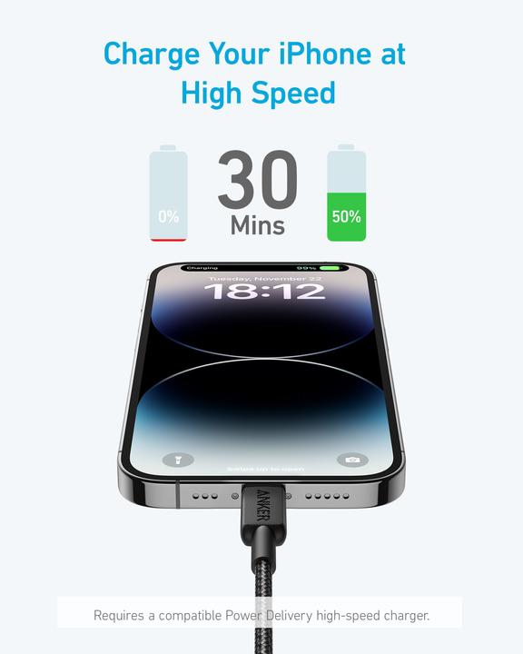 Produktbild Anker CABLE 322 USB-C A LIGTHNING 1,M NEGRO (1.80 m, USB 3.1)