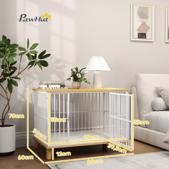 Actual product image PawHut Hundekäfig Stahl, Spanplatte Weiss+Eiche (Dog house)
