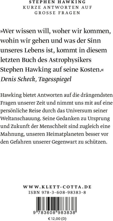 Produktbild Kurze Antworten auf grosse Fragen (Deutsch, Stephen Hawking, 2020)