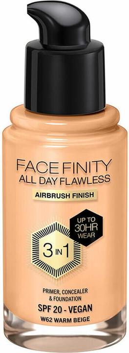 Actual product image Max Factor Facefinity 3-in-1 All Day Flawless Liquid Foundation SPF 20 62 Warm Beige 30ml (Warm Beige)