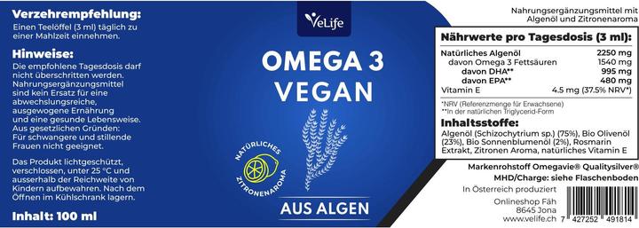 Valori nutrizionali e ingredienti VeLife Olio di alghe Omega 3 vegan 100 ml (1 Pezzo/i, Olio, 175 g)
