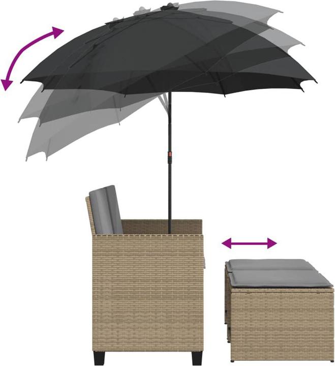Produktbild VidaXL Gartensofa 2-Sitzer Sonnenschirm und Hocker Poly-Rattan
